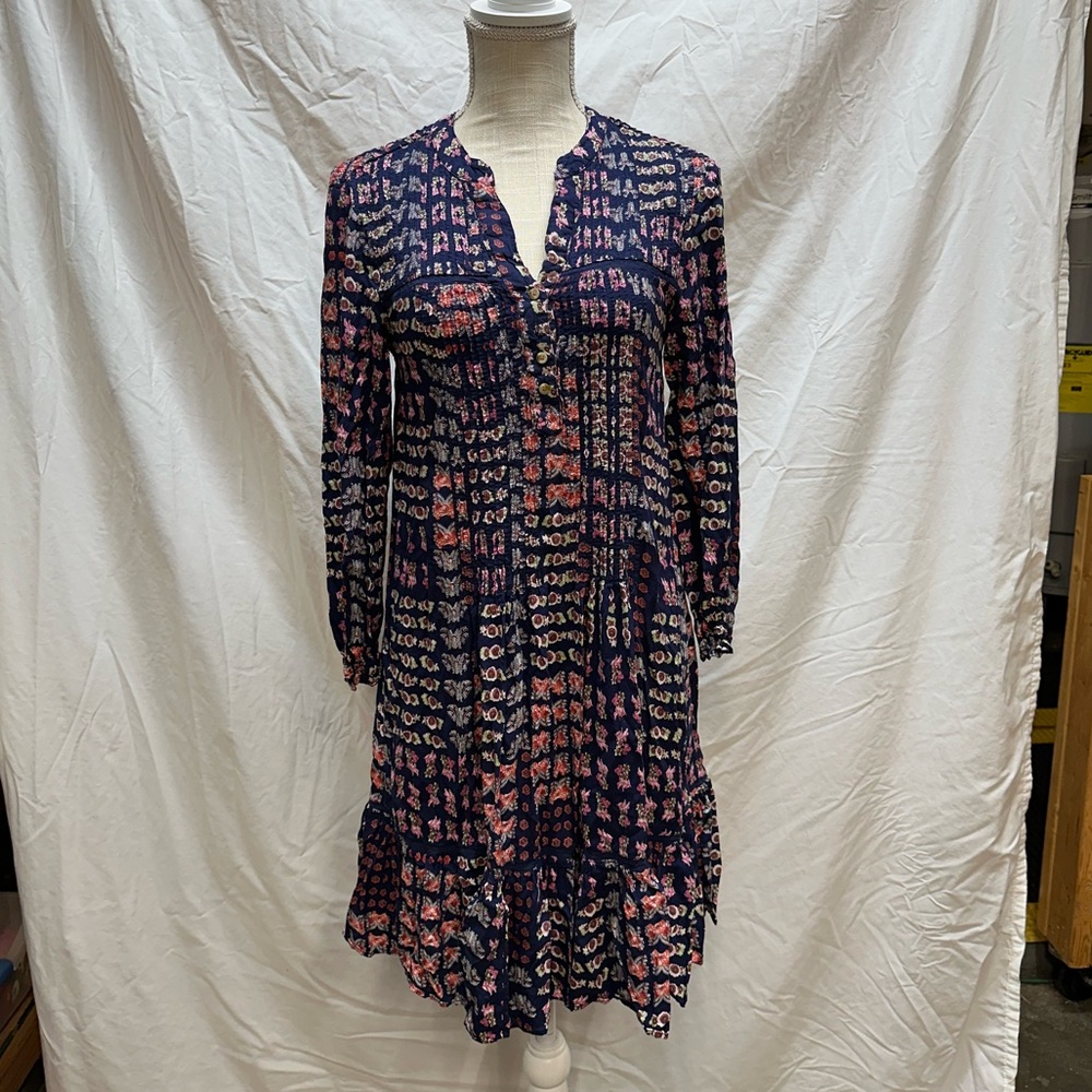 Anthropologie Blue Floral Patchwork Ruffled Hem Split Neck Midi Dress Size XXS - Picture 1 of 12
